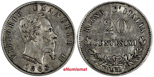 Italy Vittorio Emanuele II Silver 1863 M BN 20 Centesimi KM# 13.1 (20 339)