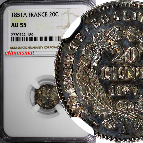 FRANCE Silver 1851-A 20 Centimes NGC AU55 NICE TONING Liberty Head KM# 758.1 (9)
