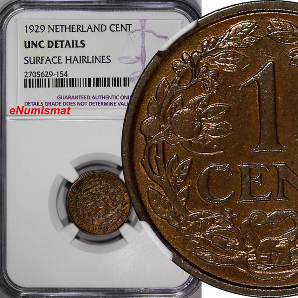 Netherlands Wilhelmina I Bronze 1929 1 Cent NGC UNC DETAILS KM# 152 (154)