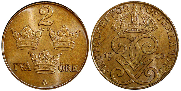 Sweden Gustaf V  Bronze 1950 2 Öre Last Year Type BU KM#778 (21 948)