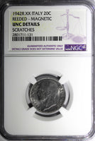 Italy 1942 R XX 20 Centesimi NGC UNC DETAILS MAGNETIC REEDED EDGE KM# 75b (131)