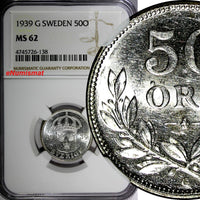 SWEDEN Gustaf V Silver 1939 G 50 Ore NGC MS62  KM# 788 (138)