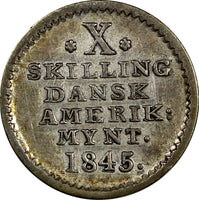 Danish West Indies Christian VI Silver 1845 10 Skilling Mint-97,000 KM# 16 (364)