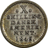 Danish West Indies Christian VI Silver 1845 10 Skilling Mint-97,000 KM# 16 (364)