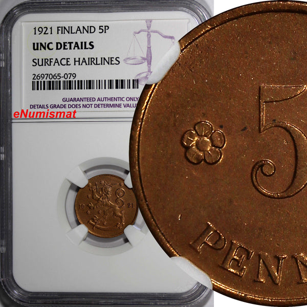 Finland Copper 1921 5 Pennia NGC UNC DETAILS KM# 22 (079)
