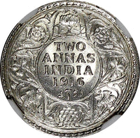 India-British George V Silver 1916 (C) 2 Annas Calcutta NGC MS64 KM# 515 (028)