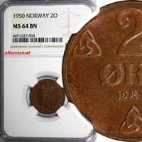 Norway Haakon VII Bronze 1950 2 Ore NGC MS64 BN TOP GRADED BY NGC  KM# 371 (094)