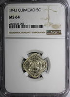 Curacao 1943 5 Cents NGC MS64 WWII  Light Toned Quadrangular KM# 40 (006)