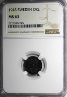 SWEDEN Gustaf V IRON 1943 1 ORE NGC MS63 1 GRADED HIGHER WWII Issue KM# 810