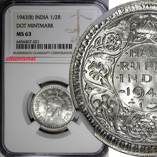 India-British George VI Silver 1943 (B) 1/2 Rupee DOT NGC MS63 KM# 552 (021)