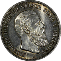 German States PRUSSIA Friedrich III Silver 1888 A 2 Mark BU.Lightly Toned KM#510