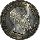 German States PRUSSIA Friedrich III Silver 1888 A 2 Mark BU.Lightly Toned KM#510