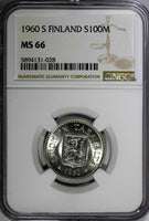 Finland Silver 1960 S 100 Markkaa NGC MS66 Low Mintage-290,000 BU KM# 41 (028)