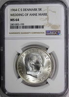 Denmark Silver 1964 C S 5 Kroner NGC MS64 Wedding of Princess 1 YEAR KM#854 (9)