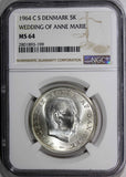 Denmark Silver 1964 C S 5 Kroner NGC MS64 Wedding of Princess 1 YEAR KM#854 (9)