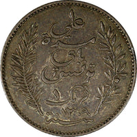 Tunisia Ali III Silver 1309 (1892) A 1 Franc aUNC Toning KM# 224 (18 969)