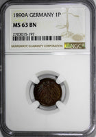 Germany-Empire Wilhelm II Copper 1890-A 1 Pfennig NGC MS63 BN TOP GRADED KM#10