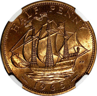 GREAT BRITAIN Elizabeth II Bronze 1965 1/2 Penny NGC MS63 RB KM# 896 (008)