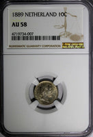 Netherlands William III Silver 1889 10 Cents NGC AU58 Light Toned KM# 80 (007)
