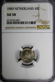 Netherlands William III Silver 1889 10 Cents NGC AU58 Light Toned KM# 80 (007)