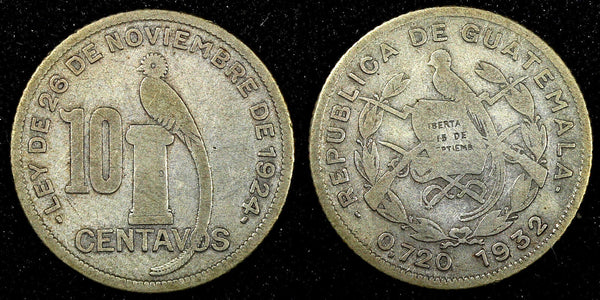 GUATEMALA Silver 1932 10 Centavos Royal British Mint KM# 239.2 (22 904)