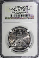 Germany SAXONY Leipzig Battle Silver 1913 E 3 Mark NGC UNC DETAILS KM#1275 (027)