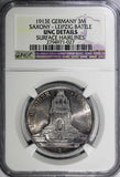 Germany SAXONY Leipzig Battle Silver 1913 E 3 Mark NGC UNC DETAILS KM#1275 (027)