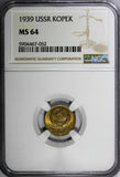 RUSSIA USSR Aluminum-Bronze 1939 1 KOPECK GRADED NGC MS64 Y# 105 (052)