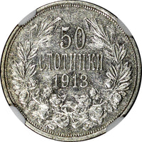 Bulgaria Ferdinand I Silver 1913 50 Stotinki NGC AU50 KM# 30 (012)