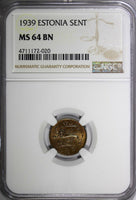 ESTONIA Bronze 1939 1 Sent NGC MS64 BN  1 YEAR TYPE Thick Planchet KM# 19.1