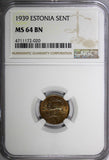 ESTONIA Bronze 1939 1 Sent NGC MS64 BN  1 YEAR TYPE Thick Planchet KM# 19.1
