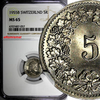 SWITZERLAND Copper-Nickel 1955 B 5 Rappen NGC MS65 HELVETICA KM# 26 (057)