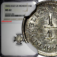 MEXICO Silver 1843/2 GO LR 1/4 Real NGC MS62 OVERDATE TOP GRADED  KM# 368.5 (04)