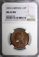 Great Britain Victoria Copper 1853 1/2 Penny NGC MS63 BN Nice Toned KM#726 (22)