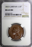 Great Britain Victoria Copper 1853 1/2 Penny NGC MS63 BN Nice Toned KM#726 (22)