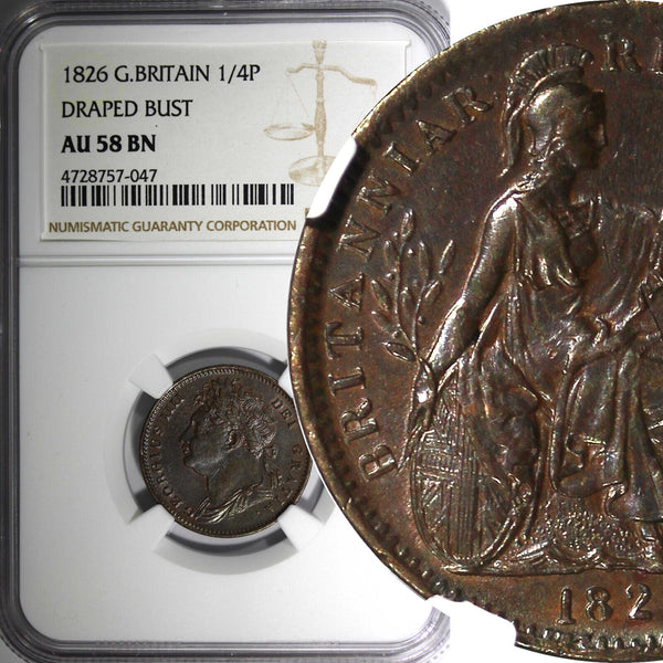 Great Britain George IV Copper 1826 Farthing NGC AU58 BN BETTER DATE KM# 677 (7)