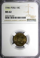 PERU Brass 1946 10 Centavos NGC MS62 Toned TOP GRADED BY NGC KM# 224.1