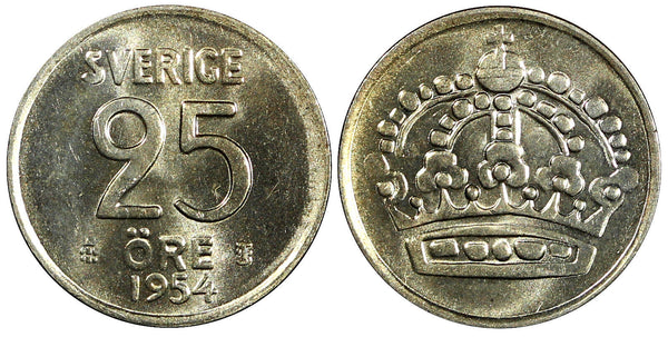 Sweden Gustaf VI Silver 1954 TS 25 Öre GEM BU COIN KM# 824 (22 013)