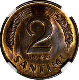 LATVIA Bronze 1939 2 Santimi NGC MS64 RB 1 YEAR TYPE Mint Luster KM# 11.2 (92)