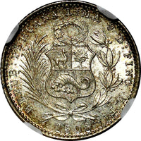 Peru Silver 1906 JF 1 Dinero NGC MS65 Mintage-826,000 Liberty Toning KM# 204.2