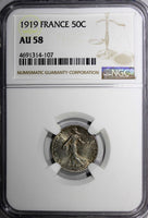 France Silver 1919 50 Centimes NGC AU58 MINT LUSTER KM# 854 (107)