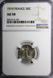 France Silver 1919 50 Centimes NGC AU58 MINT LUSTER KM# 854 (107)