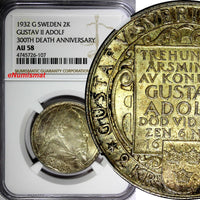 SWEDEN Silver 1932 G 2 Kronor NGC AU58 1 YEAR Death of Gustaf II Adolf KM#805(7)