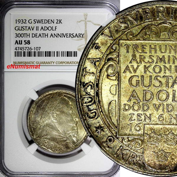 SWEDEN Silver 1932 G 2 Kronor NGC AU58 1 YEAR Death of Gustaf II Adolf KM#805(7)
