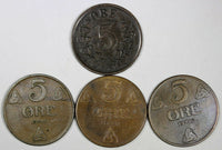NORWAY BRONZE LOT OF 4 COINS 1876,1916,1922 5 Ore KM# 368,KM#349