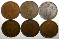 FINLAND Nicholas II Copper LOT OF 6 COINS 1899-1905  10 Penniä KM# 14