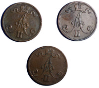 Finland Russia Alexander II  LOT of 3 COINS 1866 and 1867 5 Pennia KM# 4.1 (681)