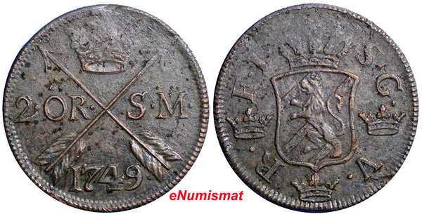 SWEDEN Frederick I 1749 2 Ore,S.M Low Mintage:313,000 Avesta Mint KM# 437 (2515)