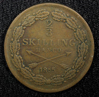SWEDEN Oscar I Copper 1855 2/3 Skilling Last Year Type KM# 663 (22 548)