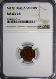 Japan MEIJI (1867-1912) Copper M17 (1884) Rin NGC MS63 RB Y# 15 (014)